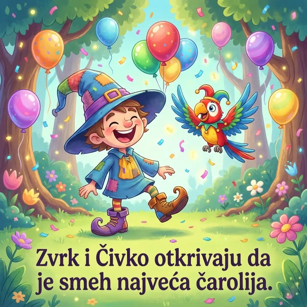 Čarobnjak Zvrk i papagaj Čivko izvode smešne trikove u šumi