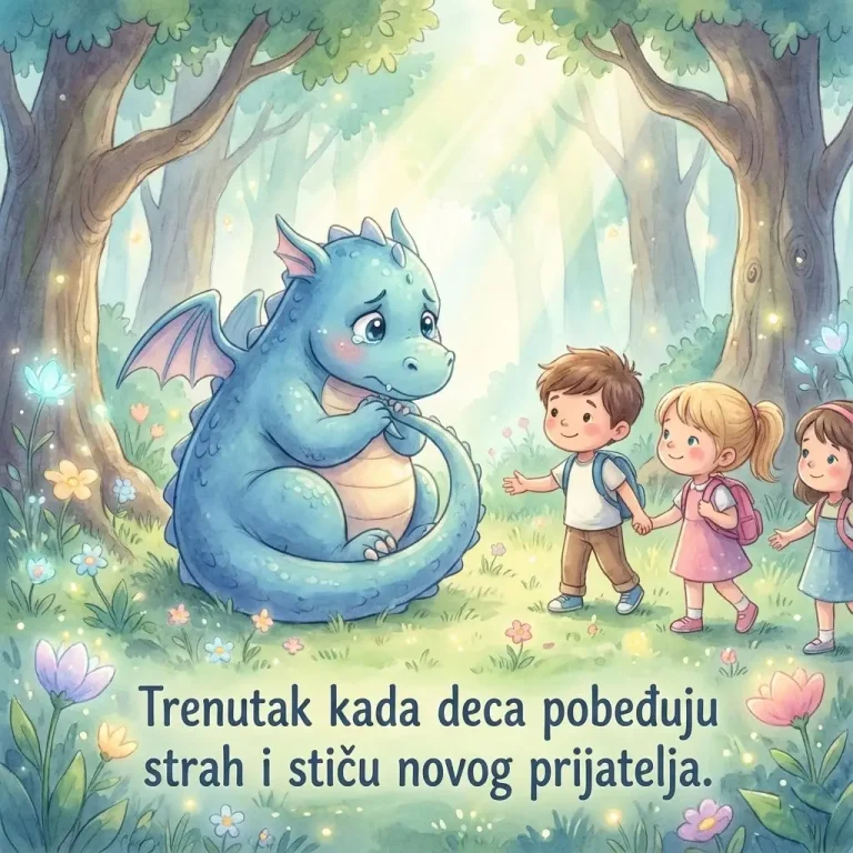 Deca Marko Ana i Petra prilaze uplašenom plavom zmaju na magičnoj livadi