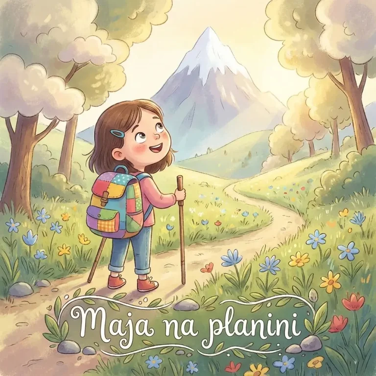 Devojčica Maja sa planinarskom opremom gleda ka planinskom vrhu u prirodi