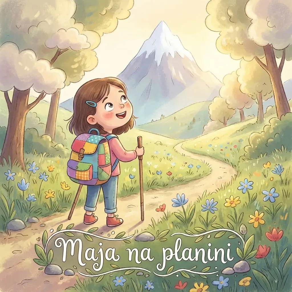 Devojčica Maja sa planinarskom opremom gleda ka planinskom vrhu u prirodi