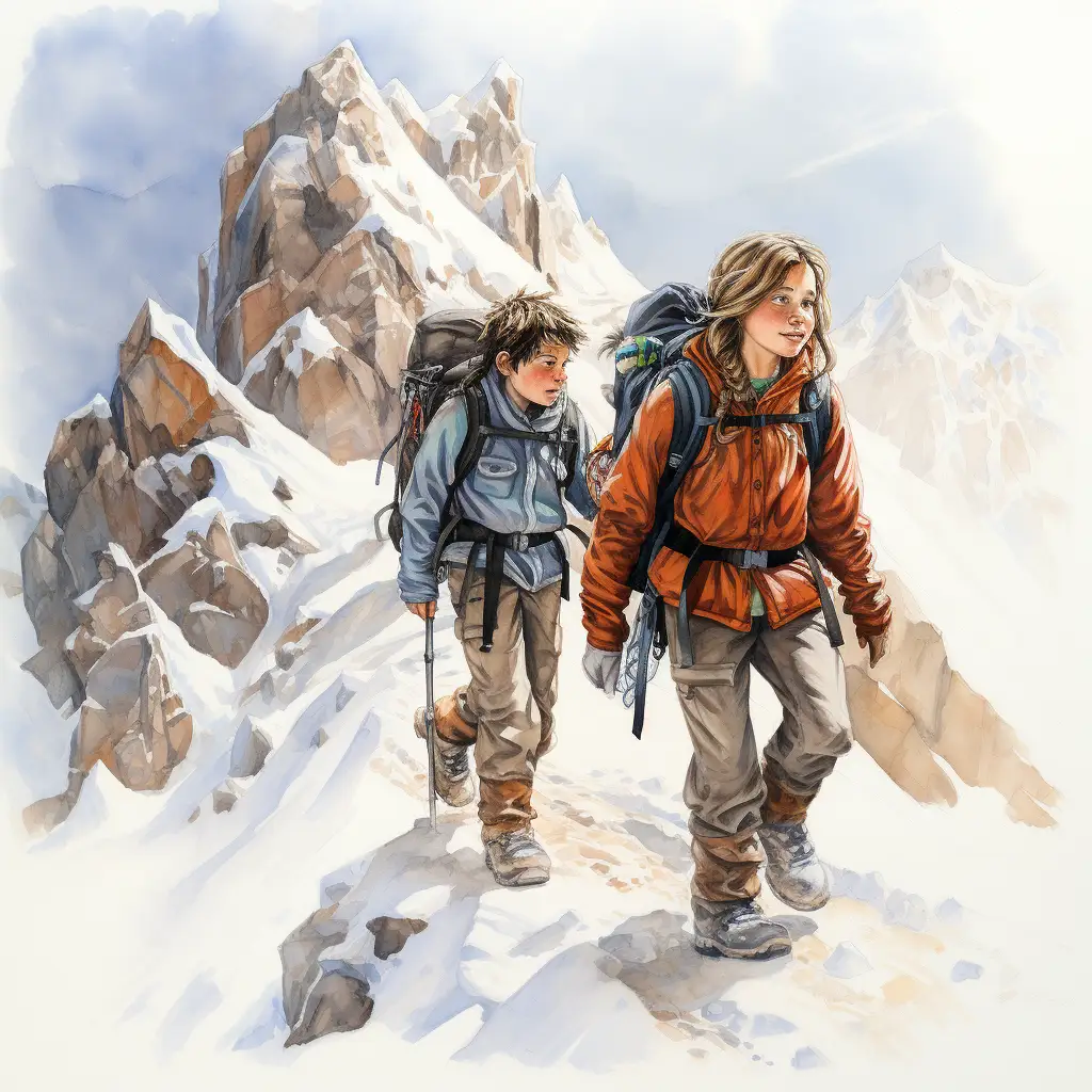 Dečak i devojčica na planinarenju na na snegom prekrivenim vrhovima Himalaja