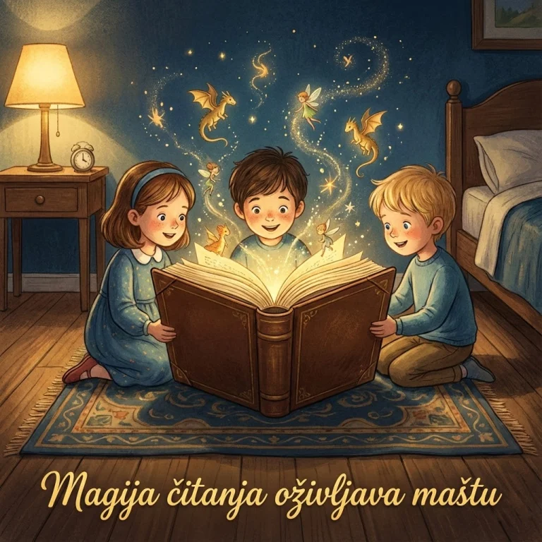 Ana, Marko i Lena otvaraju veliku magičnu knjigu iz koje izlazi svetlost i čudesna bića