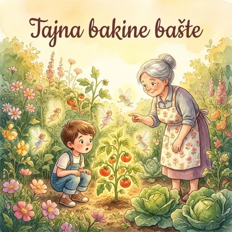 Dečak Marko i baka u magičnoj bašti okruženi cvećem i svetlucavim vilama