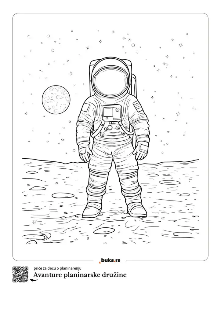 Na slici je crtež bojanke koji prikazuje astronauta na površini Meseca. Astronaut je u skafanderu sa detaljima poput kacige i opreme na grudima. U pozadini se vidi površina Meseca sa kraterima, a u gornjem delu je prikazan Zemljin satelit (Mesec) i zvezdano nebo.