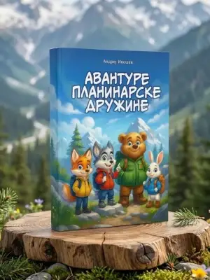 Naslovna strana knjige Avanture planinarske družine. Ilustracija Vuka, Mede, Lisice i Zeke u planinarskoj opremi. Edukativna knjiga za decu o planinarenju.