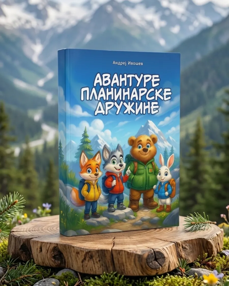 Naslovna strana knjige Avanture planinarske družine. Ilustracija Vuka, Mede, Lisice i Zeke u planinarskoj opremi. Edukativna knjiga za decu o planinarenju.